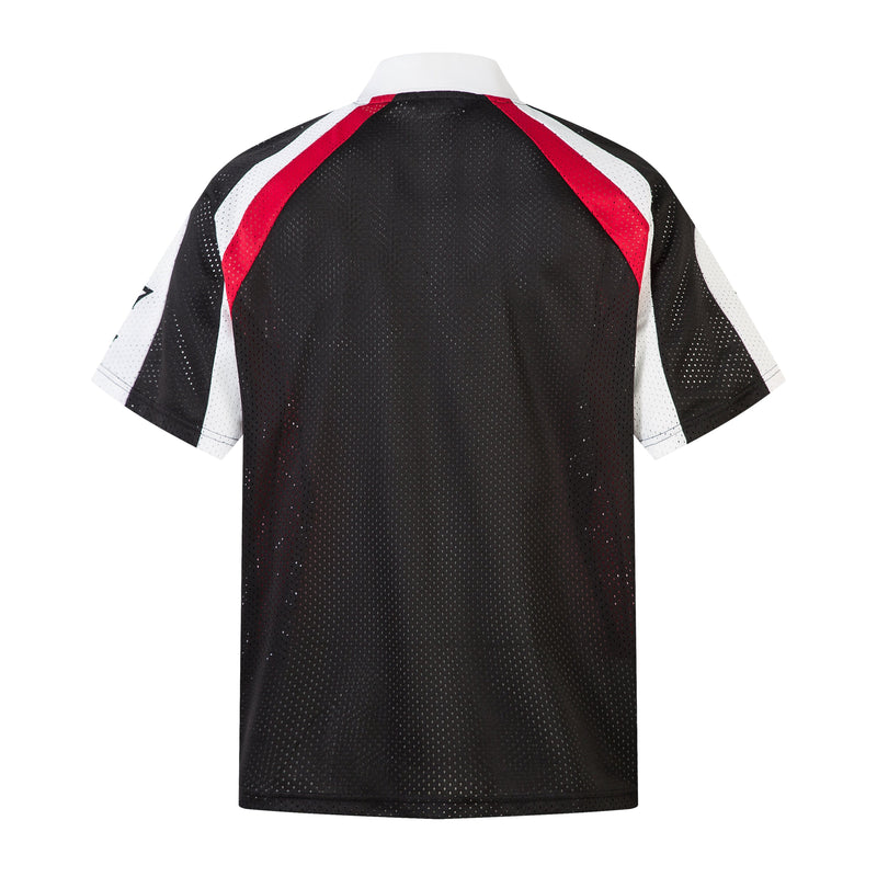 Black mesh polo shirt with red and white colorblock shoulder panels on a white background