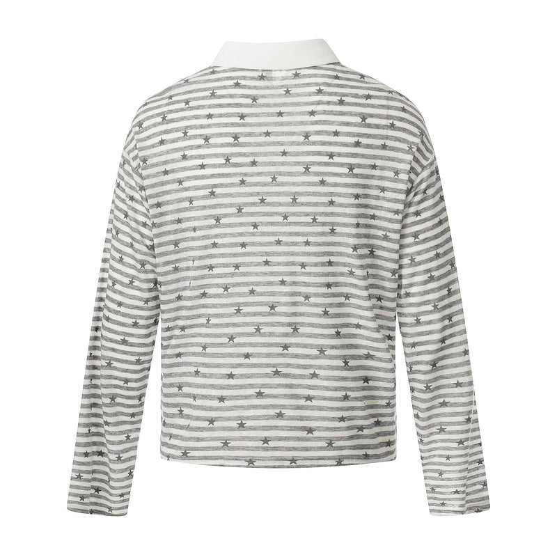 Back view of gray long sleeve polo with allover stripes, stars, and white collar