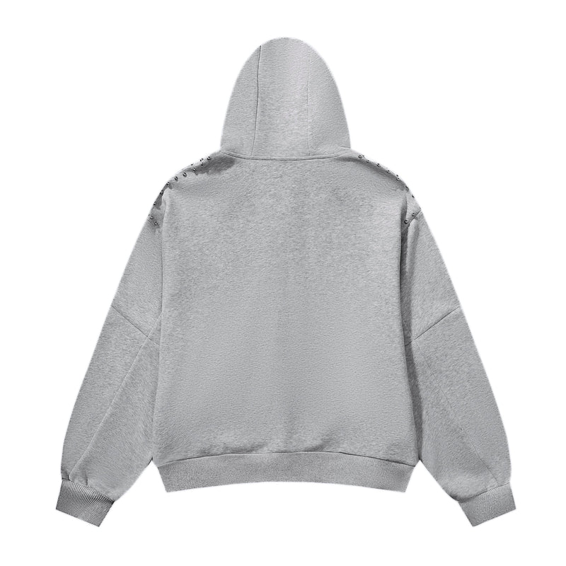 Gray zip hoodie back view with studded shoulder seams and plain back panel