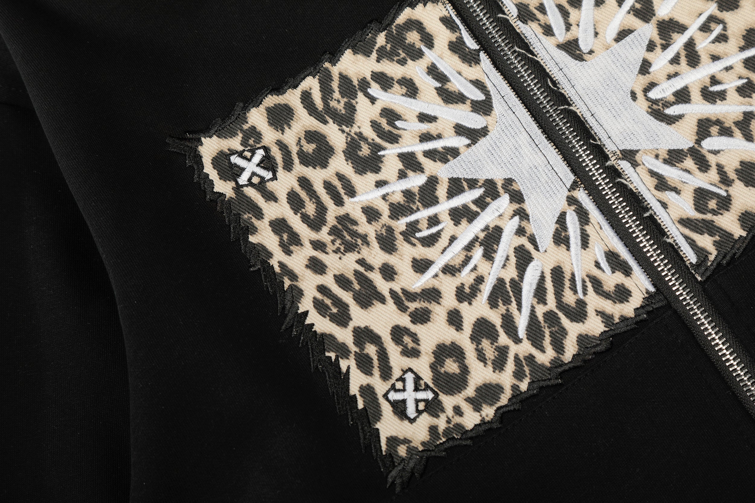Leopard Panel Cat Ear Zip-Up Hoodie | Street Style Black