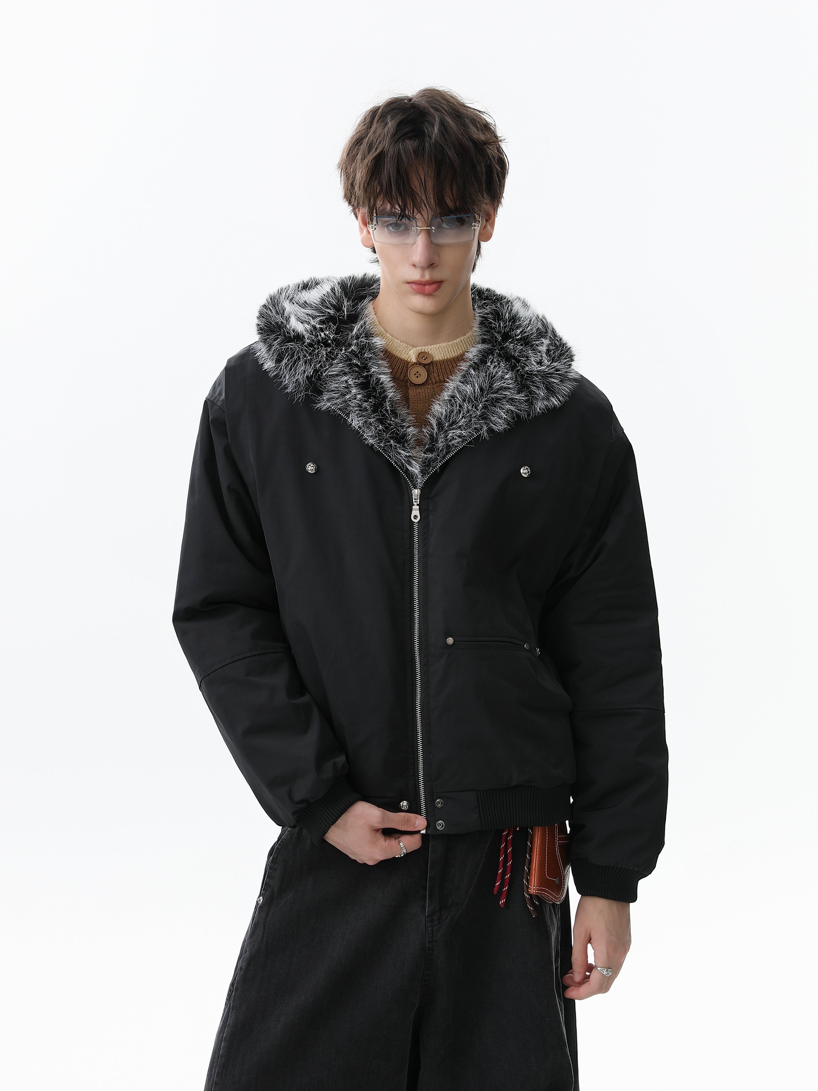 Faux Fur Hood Utility Bomber Jacket | Omirad