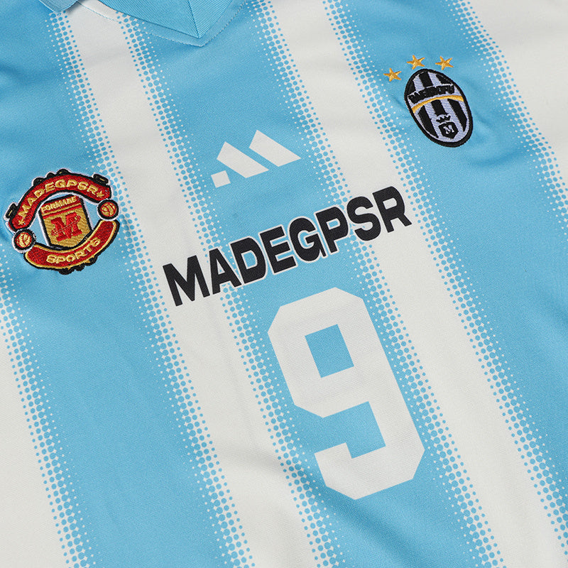 Sky blue and white striped football jersey with number 9 and club-style crest embroidery