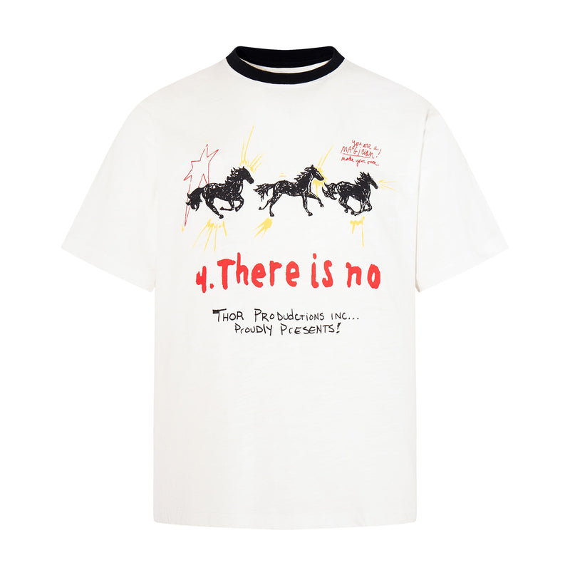 White Number (N)ine T-shirt with black collar and hand-drawn horse graphic print on the chest