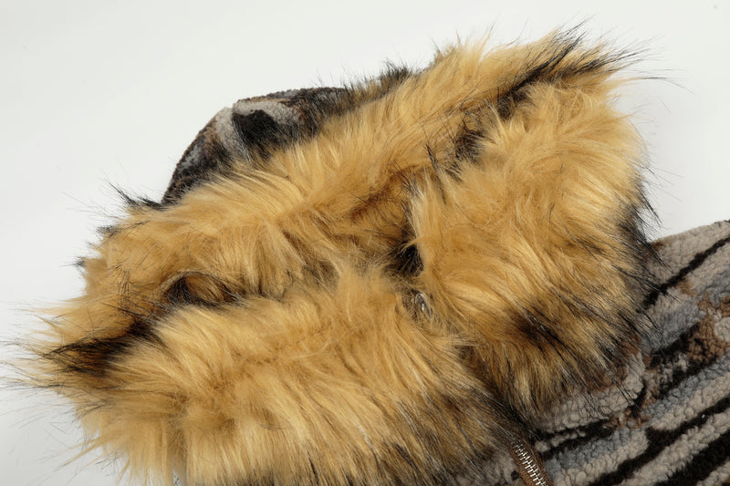 Nordic Faux Fur-Trim Hooded Zip Jacket | Ethnic Pattern
