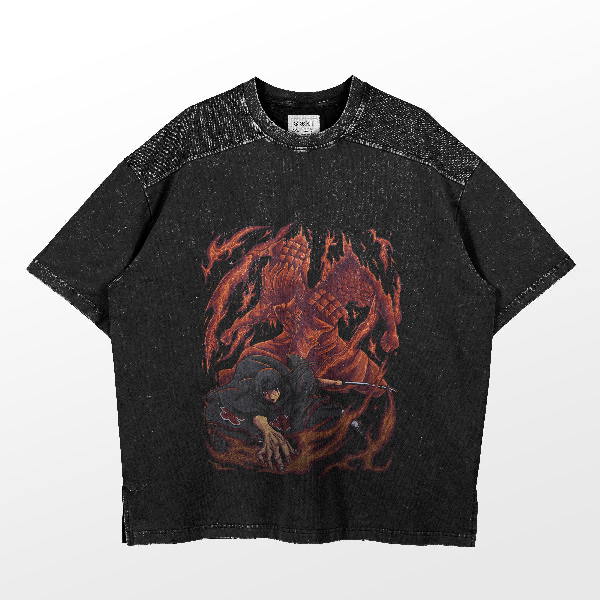 The Itachi Uchiha Flame T-Shirt from Naruto is a premium anime clothing item featuring a black T-shirt with a graphic design of a person crouching with a sword, surrounded by flames and a dragon-like creature. Perfect for anime enthusiasts, it reflects the fierce Naruto spirit.