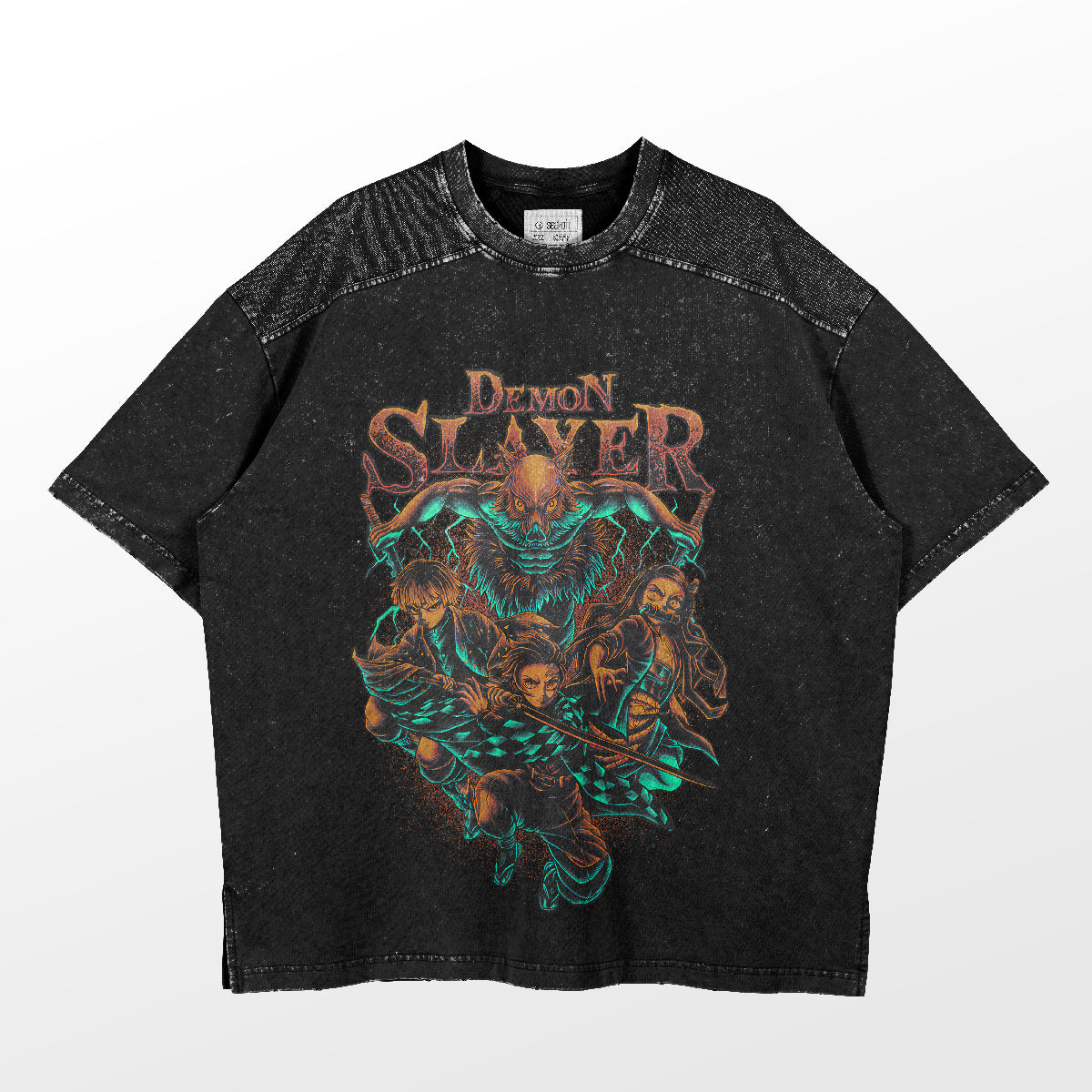 Elevate your anime convention attire with the black Demon Slayer Squad T-Shirt by Demon Slayer. It boasts vibrant prints of Tanjiro, Zenitsu, Inosuke, Nezuko, and a menacing creature against a speckled backdrop, with the iconic title boldly emblazoned above.