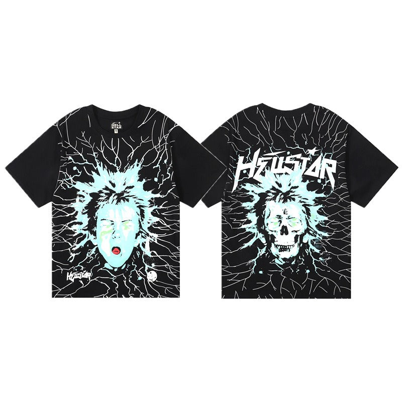 เสื้อยืดช็อตไฟฟ้า Hellstar-ผ้าฝ้าย 250gsm, เสื้อกราฟิกกราฟิกกอธิคสีดำ Hellstar