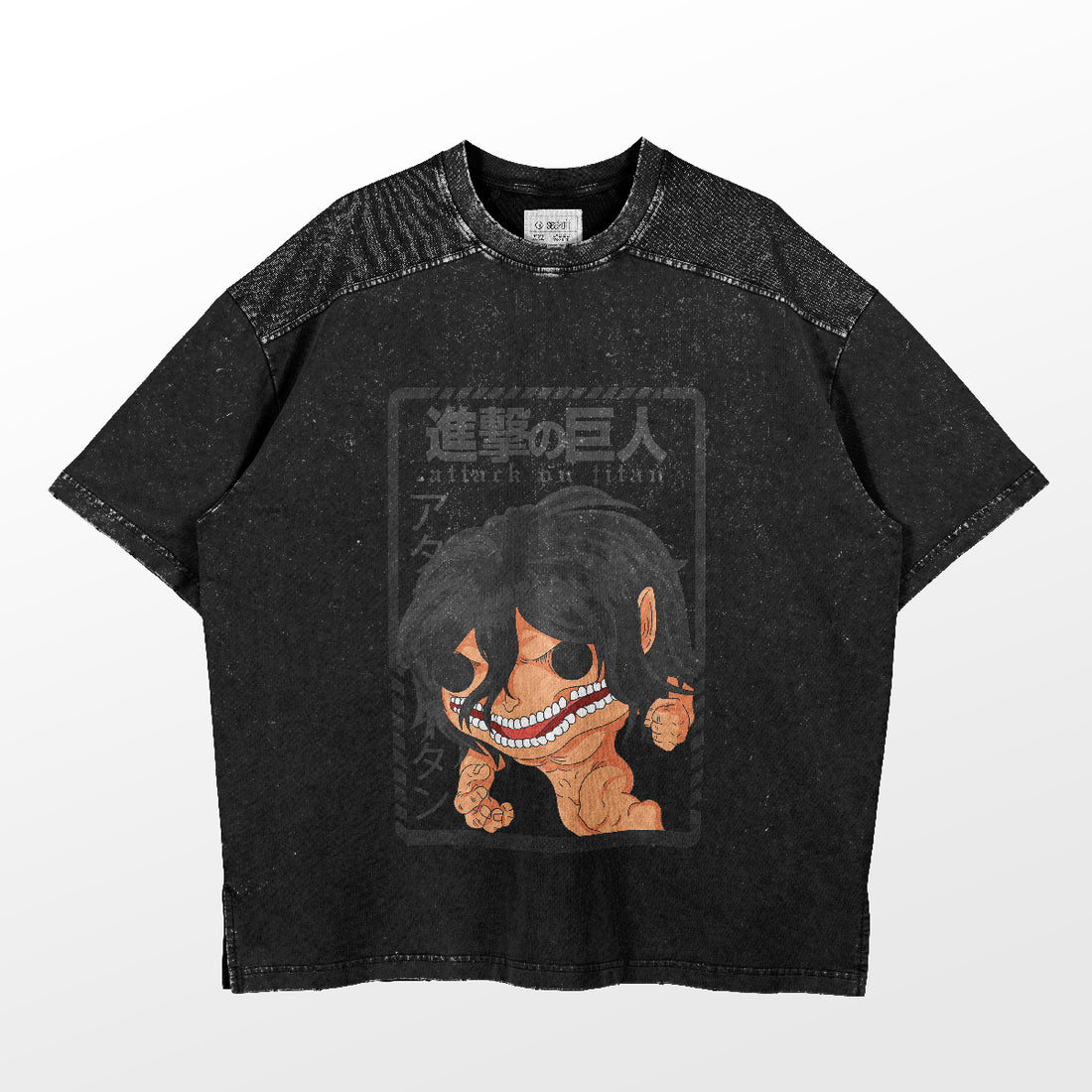 The Annie Leonhart Female Titan T-Shirt – Attack on Titan, by the brand Attack on Titan, showcases a cartoon-styled muscular Female Titan with sharp teeth and wild hair against a textured backdrop featuring Japanese text. It sports a washed-out, vintage appearance.