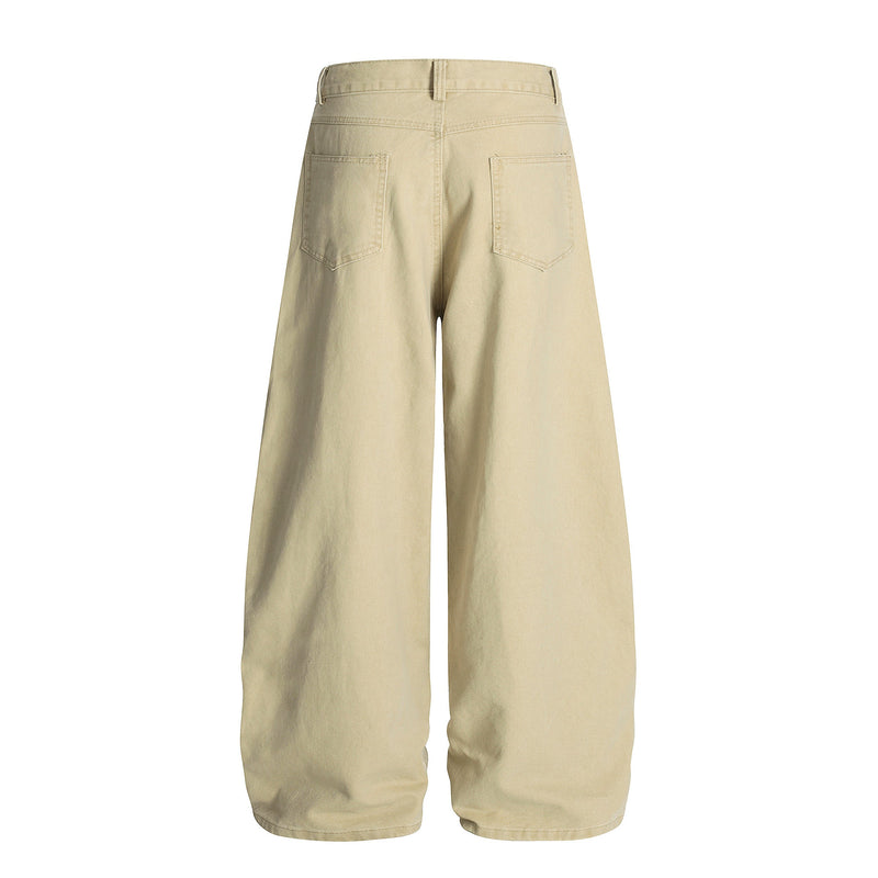 Back view of beige wide-leg cargo pants with two patch pockets