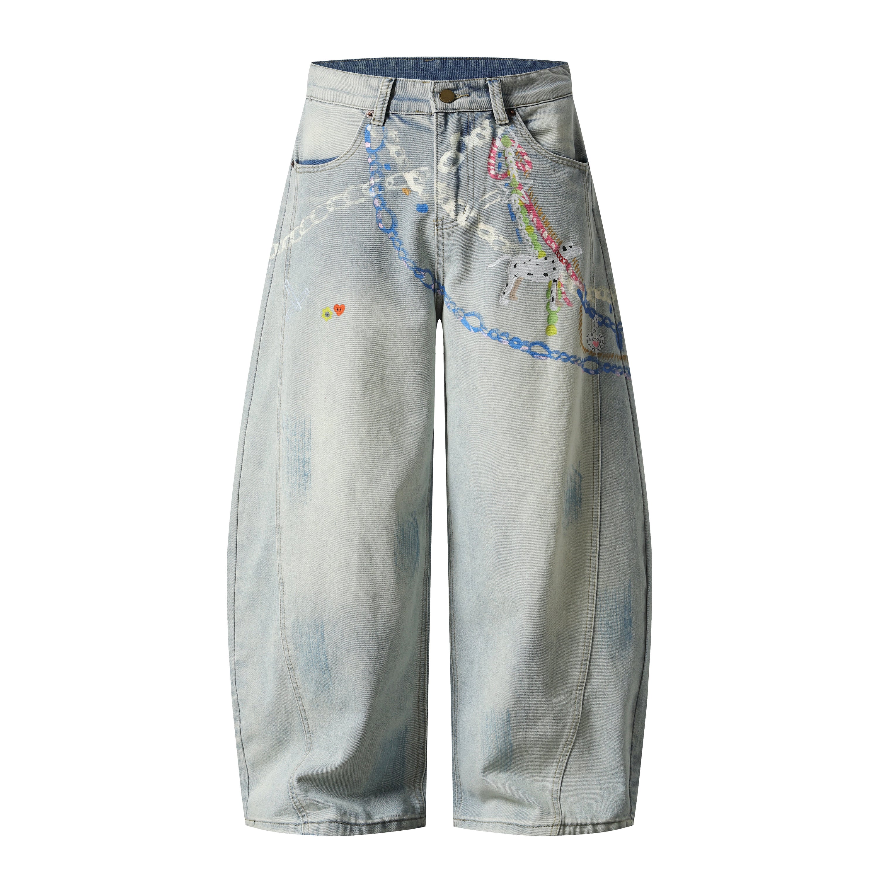 Hand-Painted Graphic Wide-Leg Denim Pants | 100% Cotton