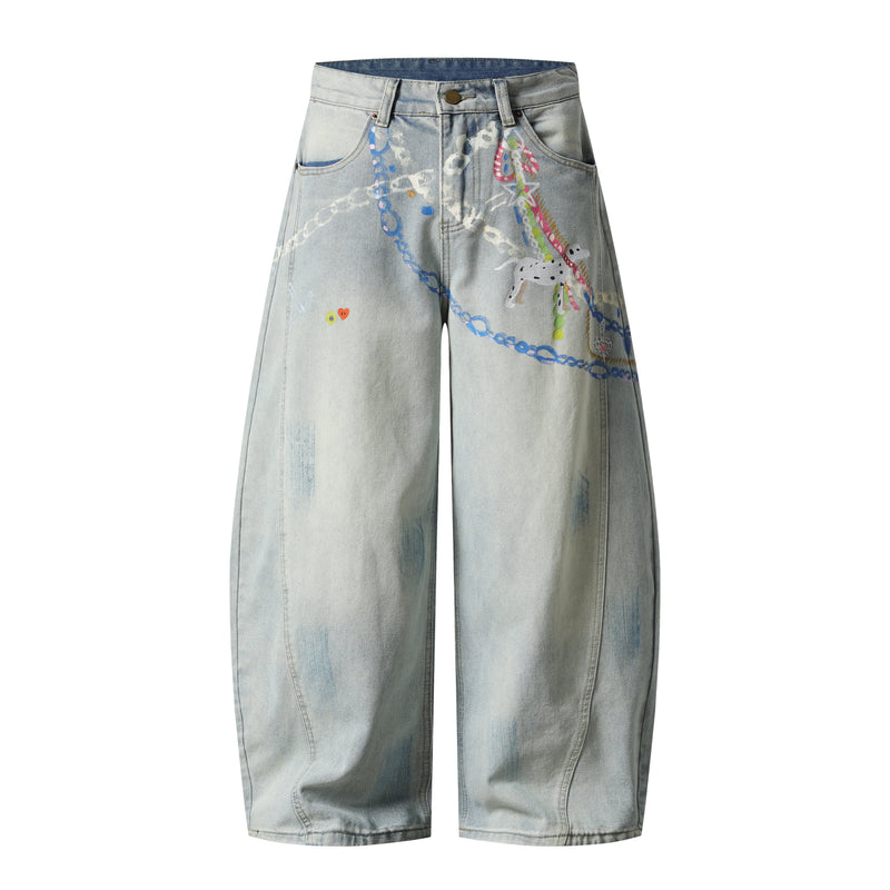 Front view of light wash wide-leg denim pants with hand-painted chain and dog graphic