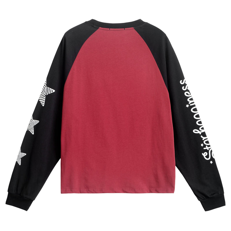 Back view of black and red raglan long sleeve tee with white star sleeve graphics