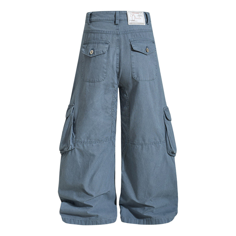 Blue cargo pants back view with rear flap pockets and wide legs