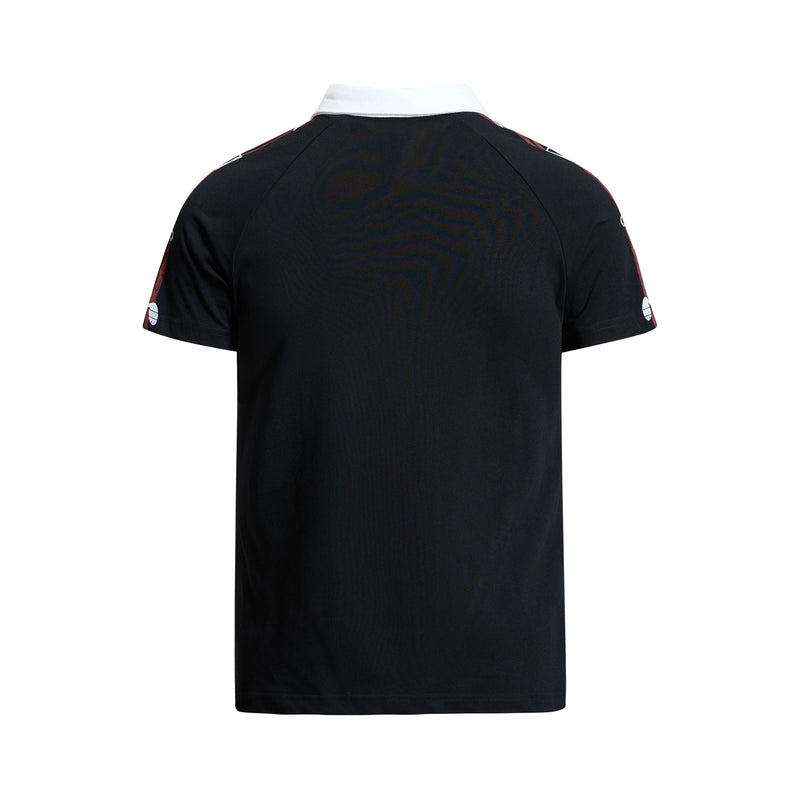 Black men's polo shirt with white collar and red-accent sleeves, shown from the back in a vintage streetwear style