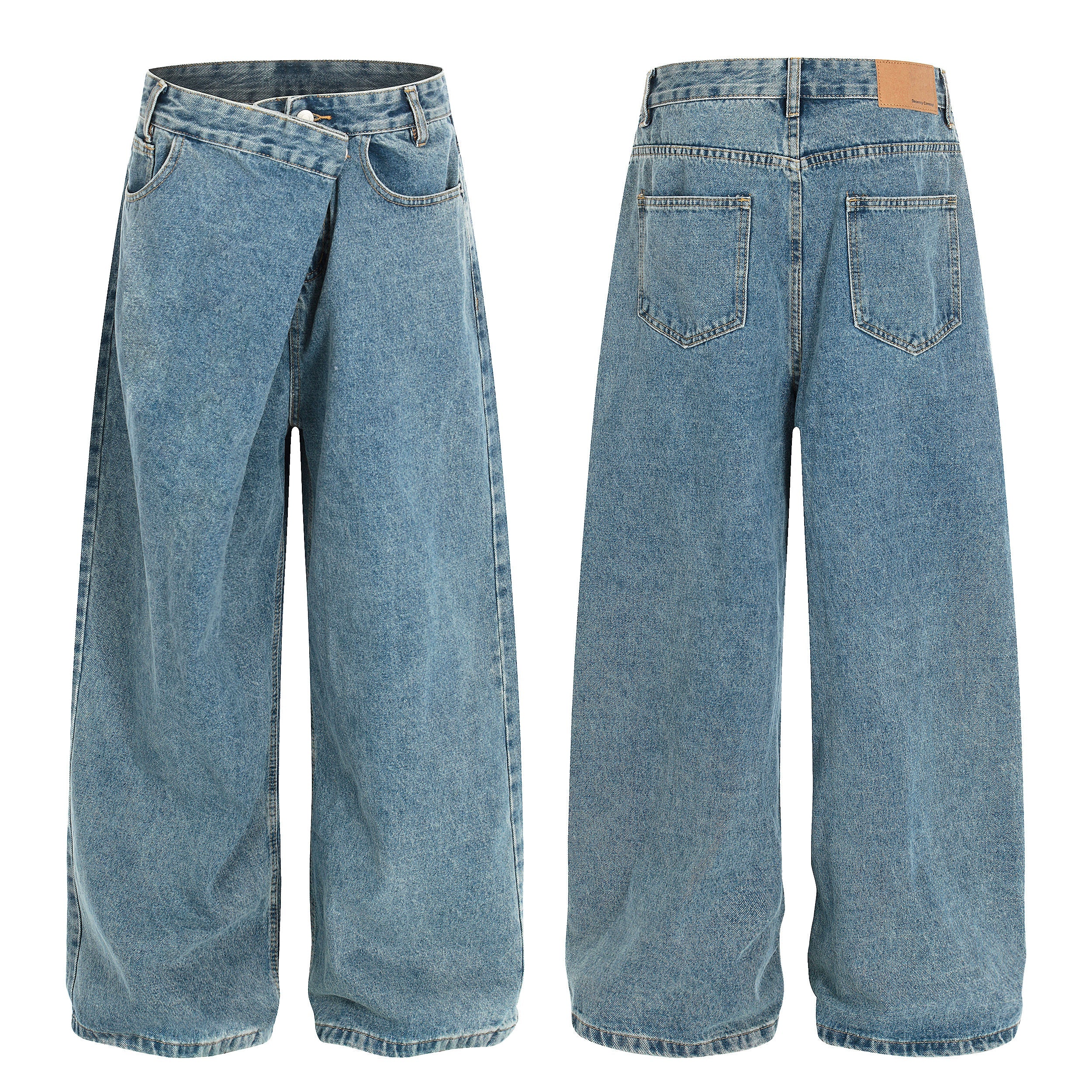 Front and back view of wide-leg blue denim jeans with an asymmetric crossover waistband and five-pocket construction