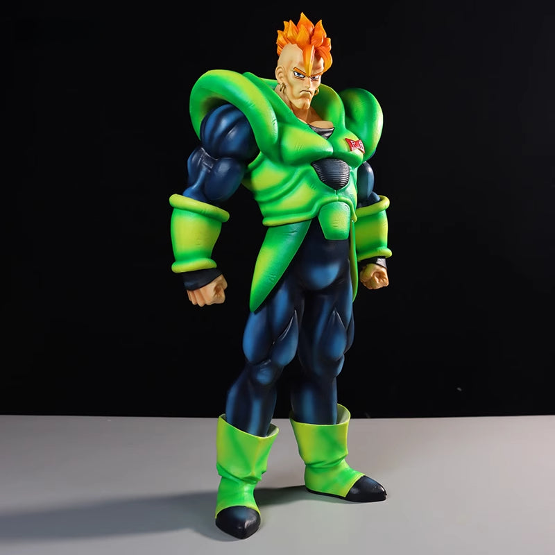 The Seakoff Android 16 Collectible Figure, standing 41cm tall, showcases high detail with a muscular design, spiky orange hair, and a green-blue armored outfit. This heroic pose captures the essence of the Dragon Ball Z universe against a dark backdrop.