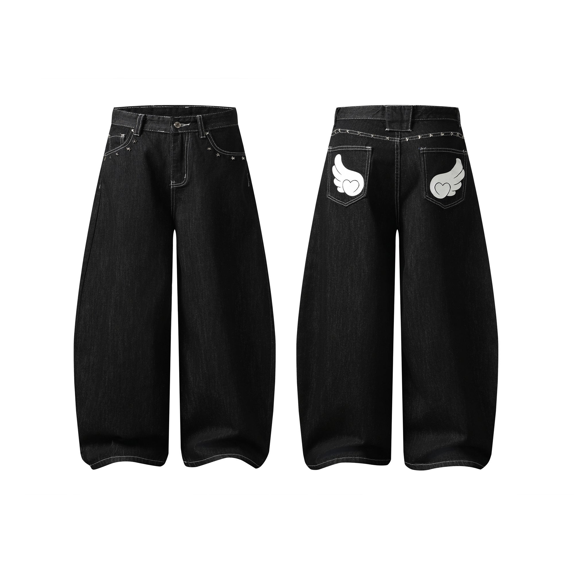Front and back view of black wide-leg barrel denim jeans with star studs and angel wing heart back pocket print
