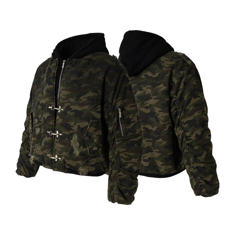 Omirad Camo Hook Detail Distressed Bomber Jacket with Hood