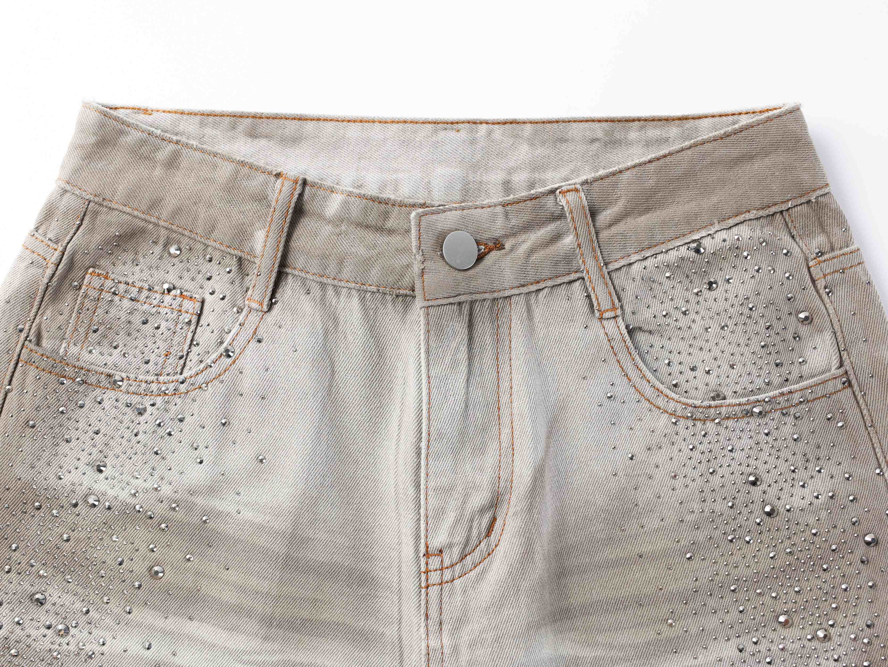 Washed Balloon Fit Denim Pants with Rhinestone Detail