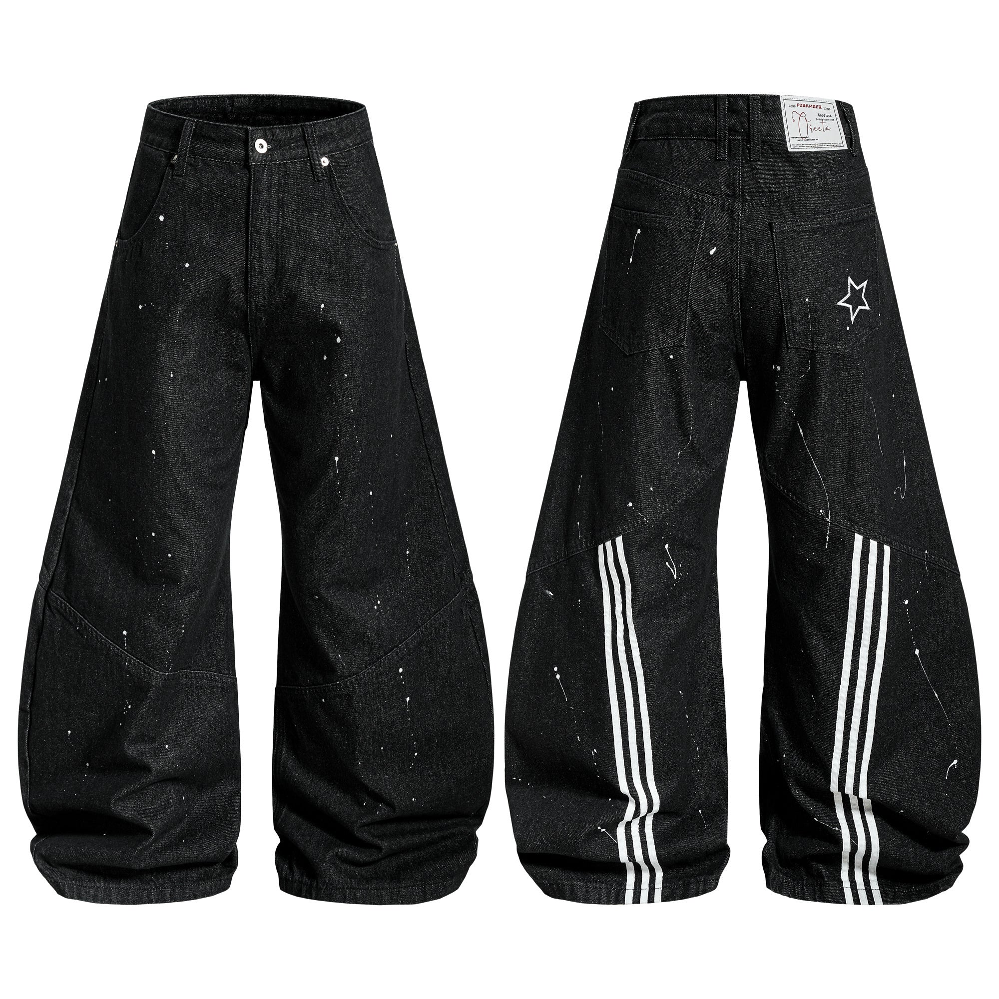 Black wide-leg jeans with white paint-splatter print, triple-stripe back panel, and star graphic detail, shown front and back