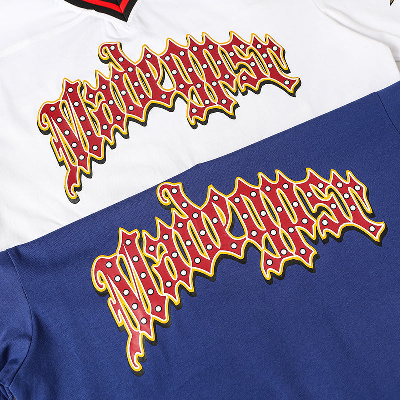 White and blue Gothic flame football jersey with bold red graphic lettering and streetwear style