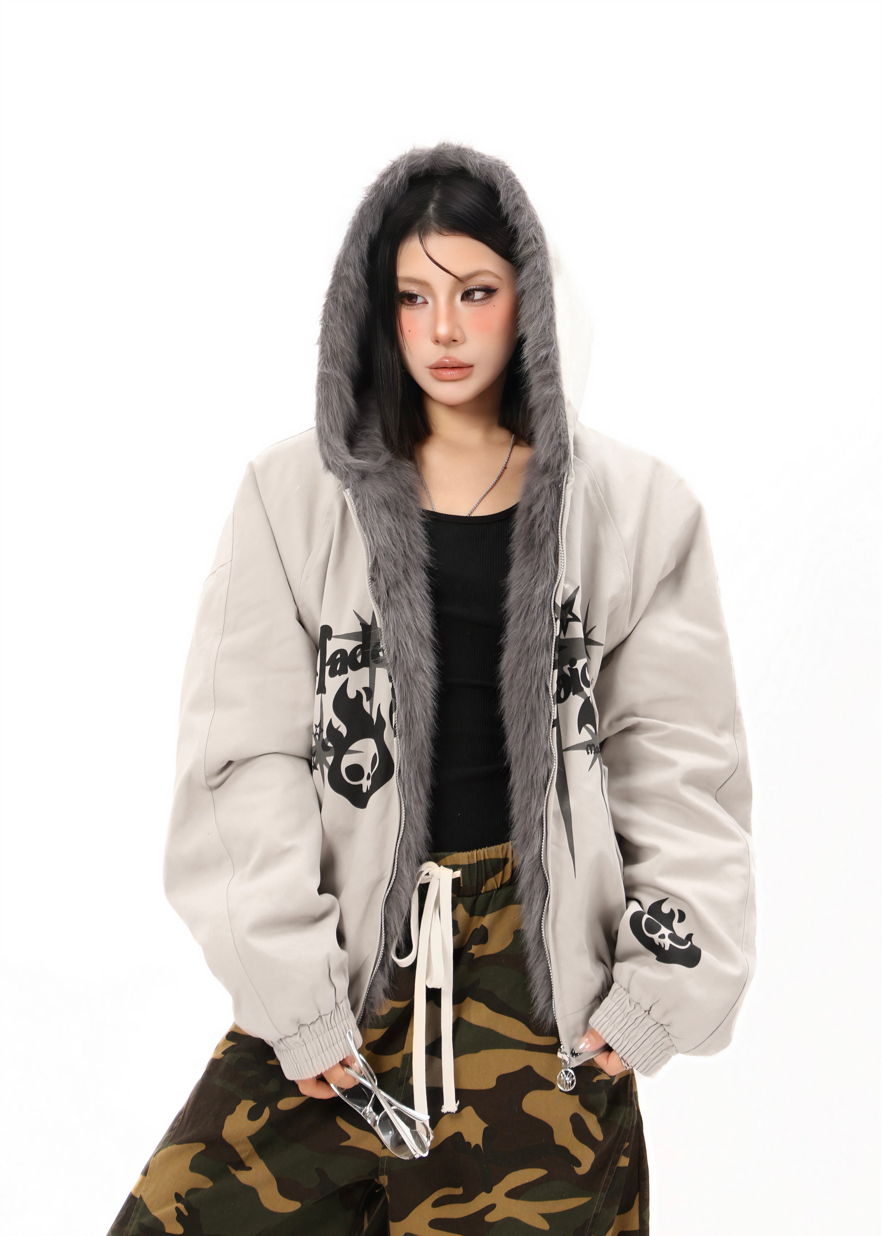 Faux Fur Collar Quilted Bomber Jacket | Streetwear Graphic