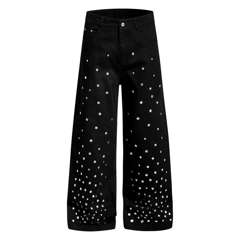 Black wide-leg denim pants with silver stud squares, front view
