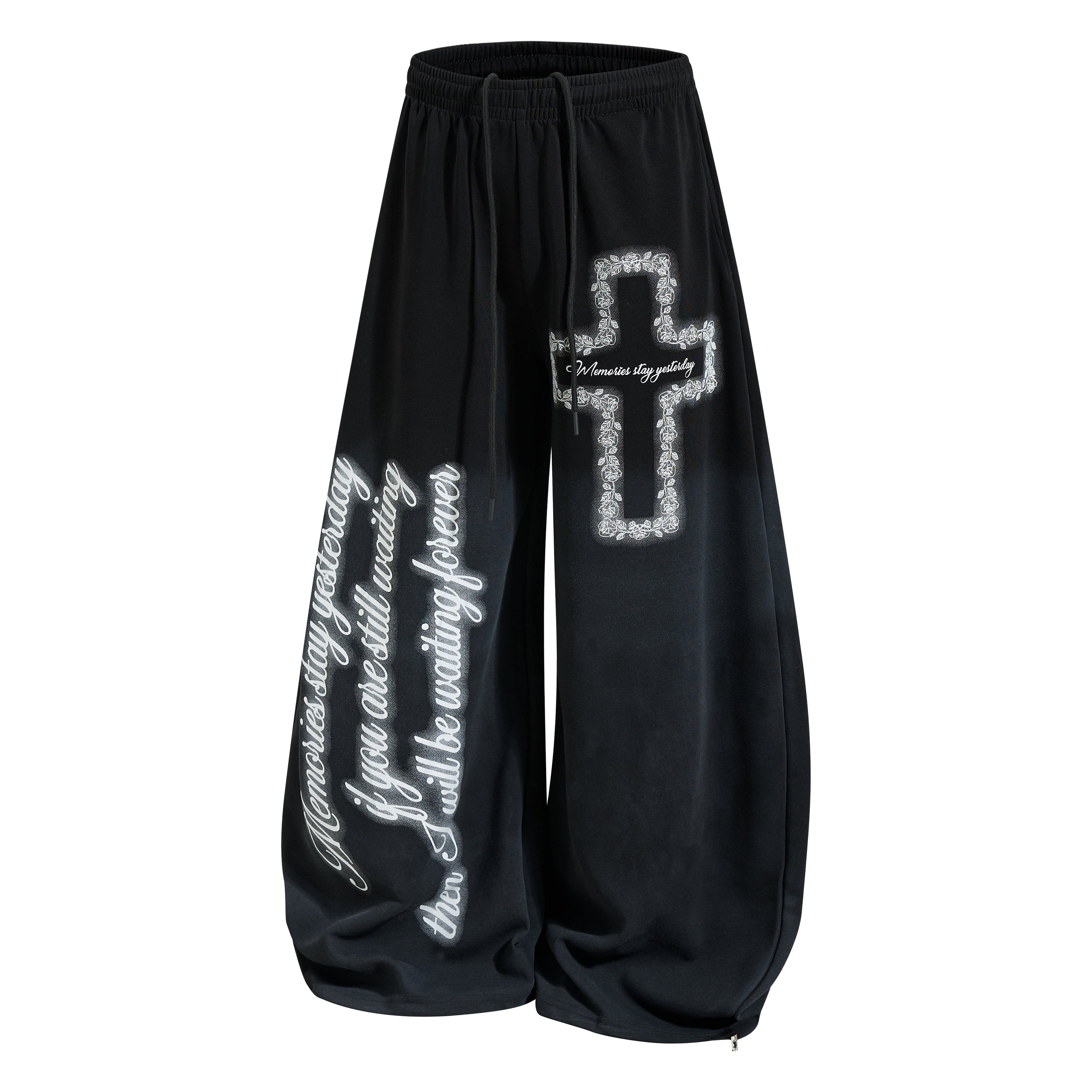Gothic Cross Script Wide-Leg Sweatpants | Streetwear Joggers