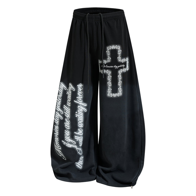 Gothic Cross Script Wide-Leg Sweatpants | Streetwear Joggers