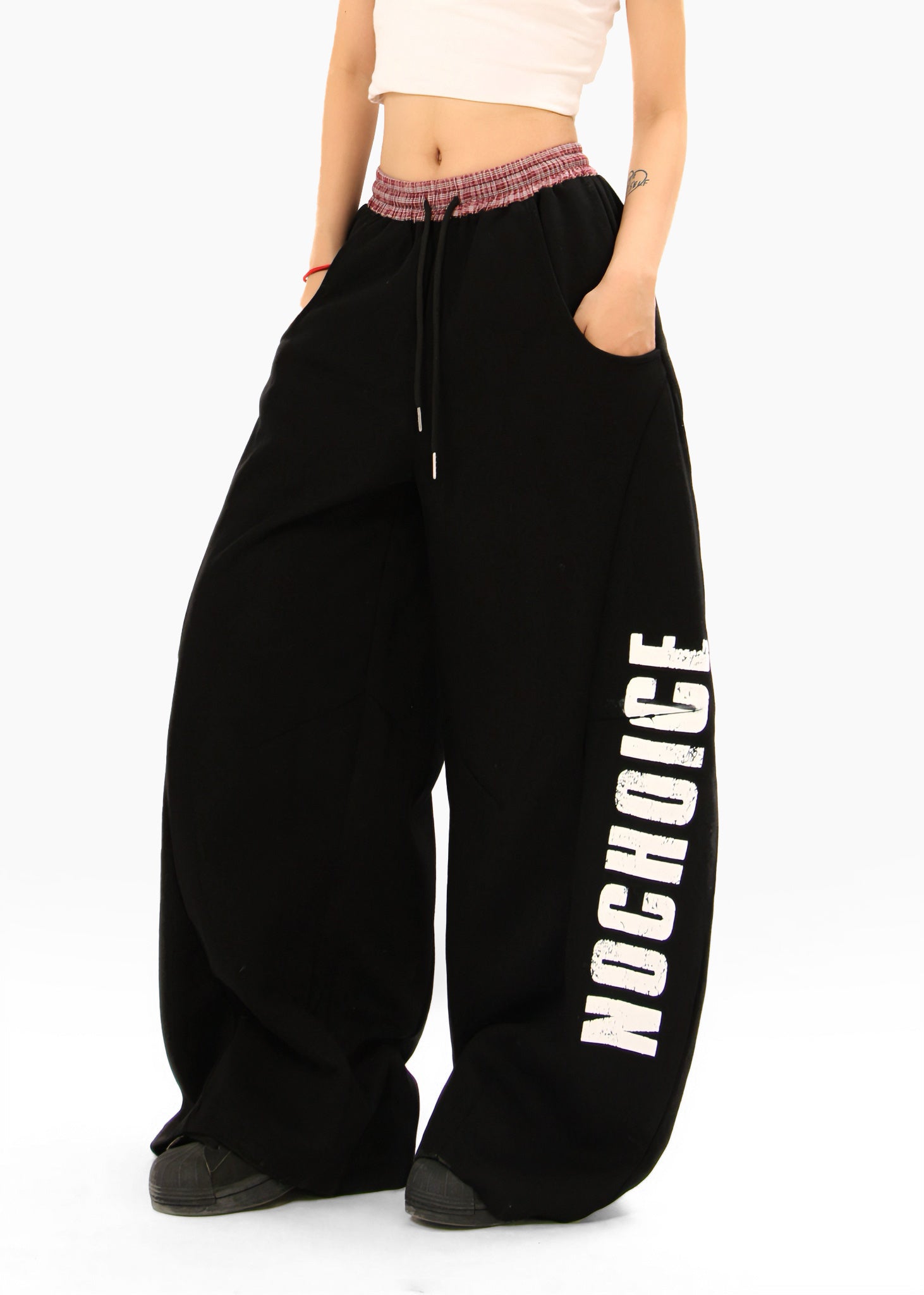 Double-Waist Checkered Print Wide-Leg Track Pants | Y2K Streetwear