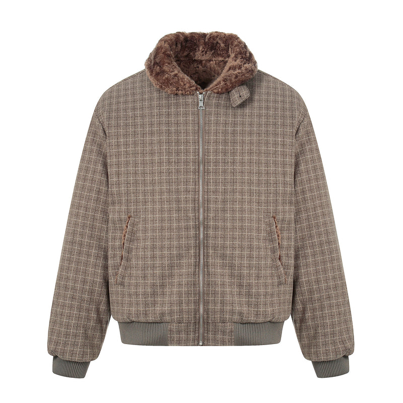 Check Pattern Faux Fur Collar Bomber Jacket | Omirad