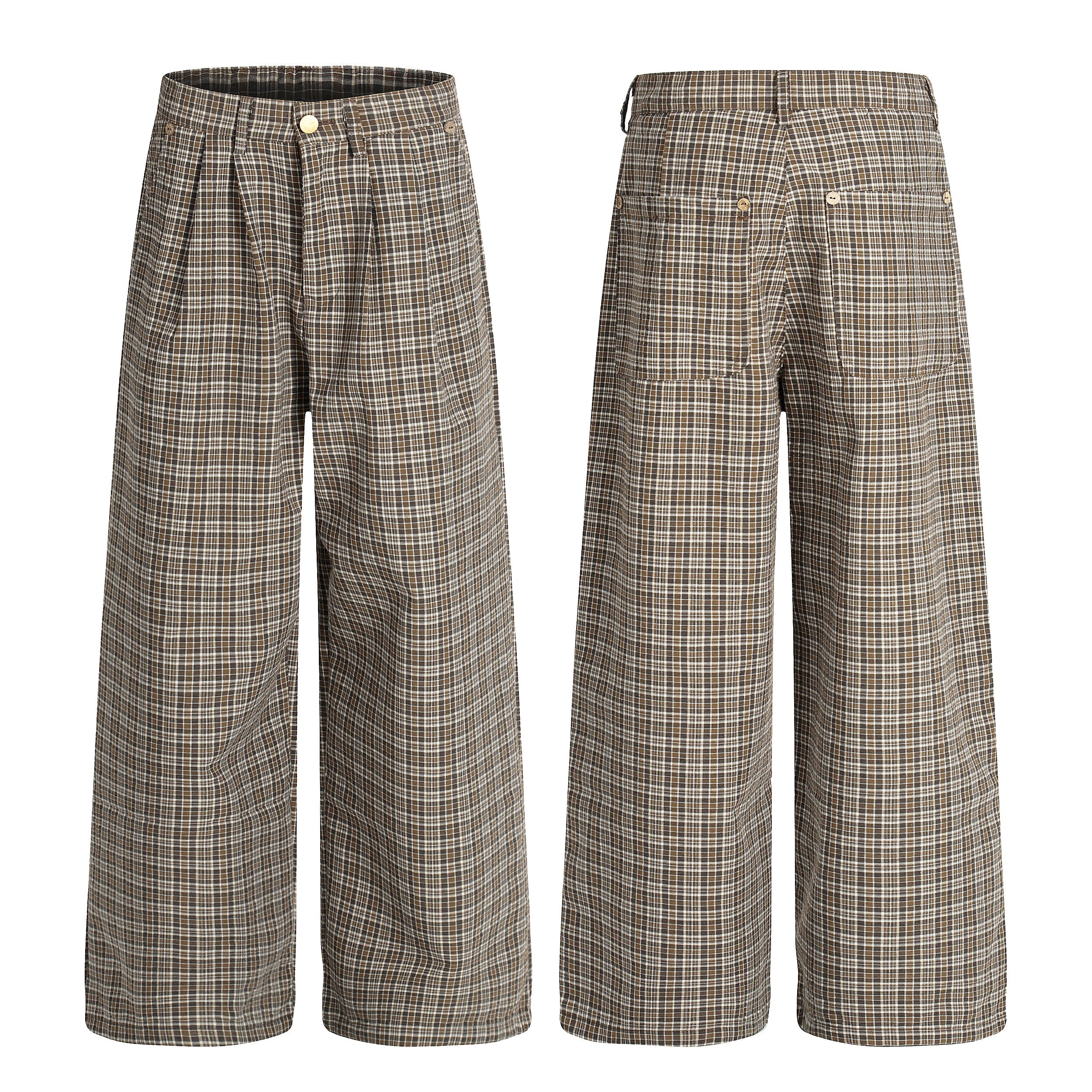 Front and back view of brown plaid wide-leg cotton trousers with front pleats and gold-tone button hardware
