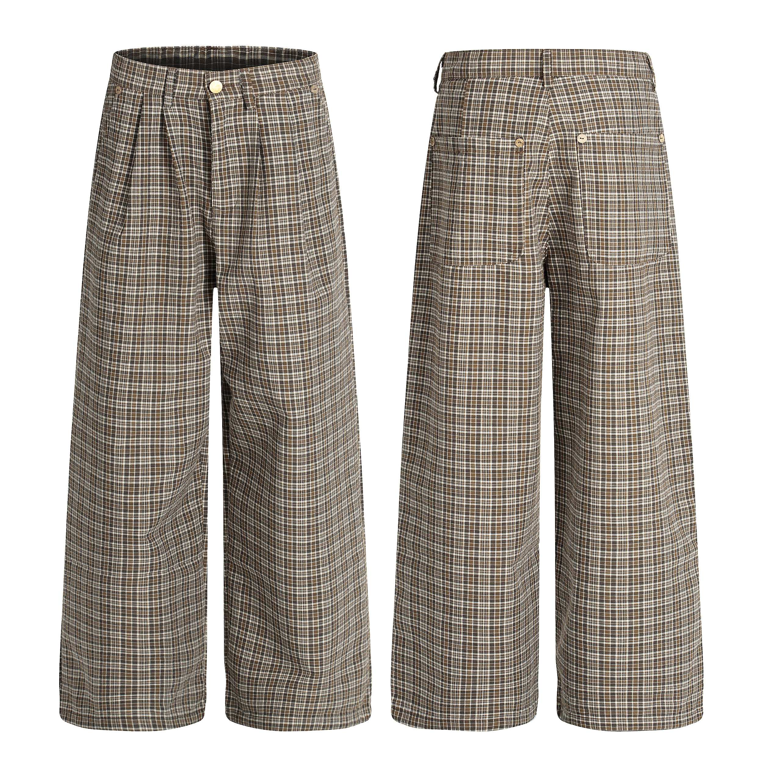 Front and back view of brown plaid wide-leg cotton trousers with front pleats and back patch pockets