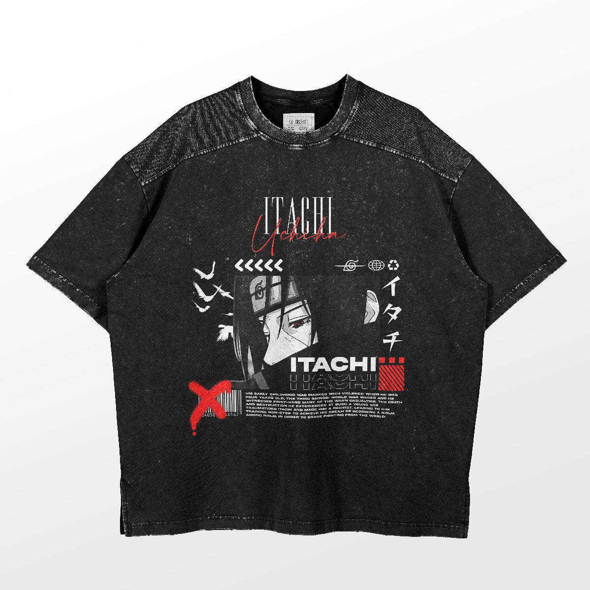 The Naruto Itachi Uchiha Design T-Shirt is a premium black anime clothing piece with anime-style graphics, featuring &quot;Itachi&quot; amid abstract red, white, and gray elements. Its speckled texture and short sleeves make it perfect for anime conventions.