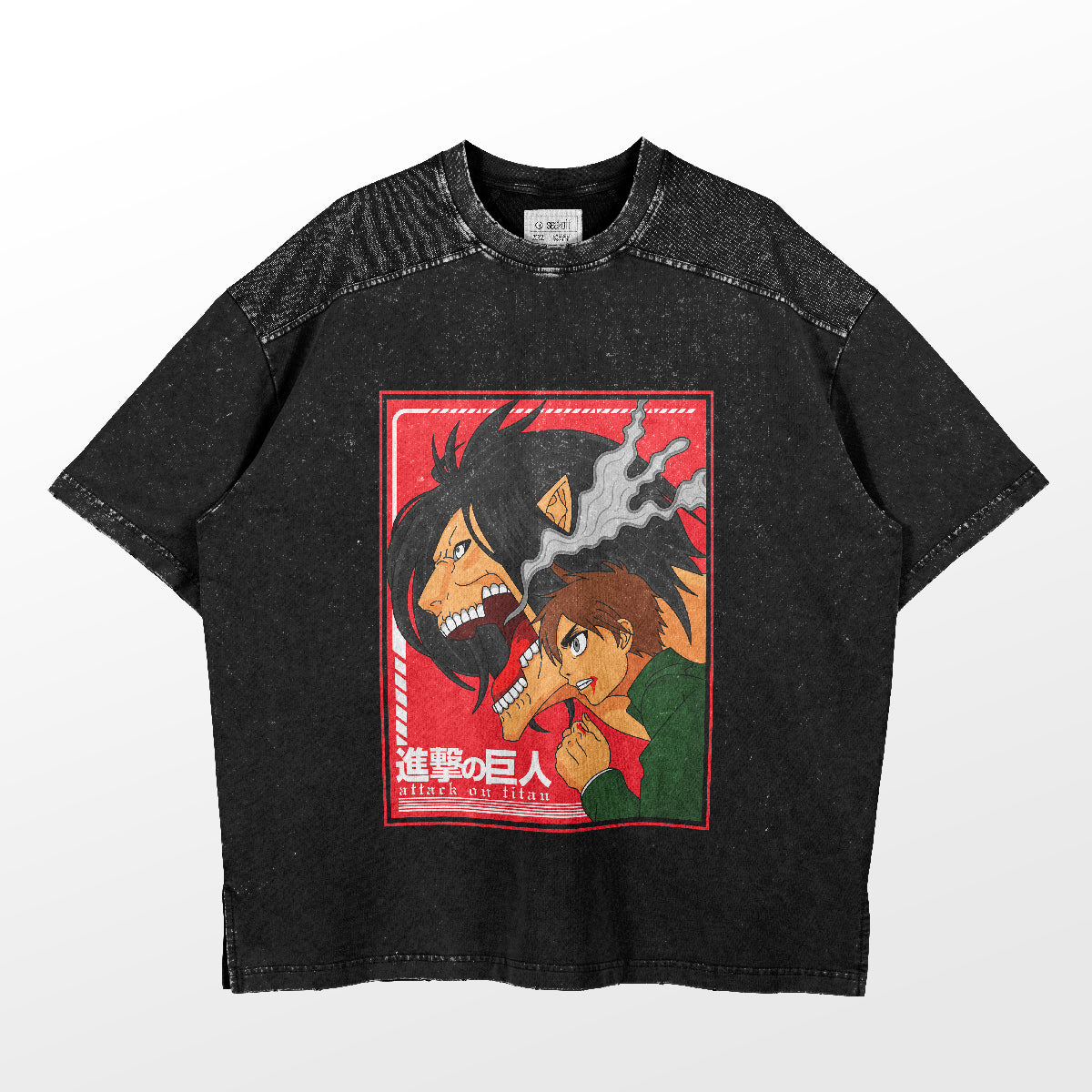 A black T-shirt from Attack on Titan, featuring Eren Yeager and the Attack Titan Transformation graphic with two animated characters against a bold red background and Japanese text. Ideal for fans of Attack on Titan merchandise.