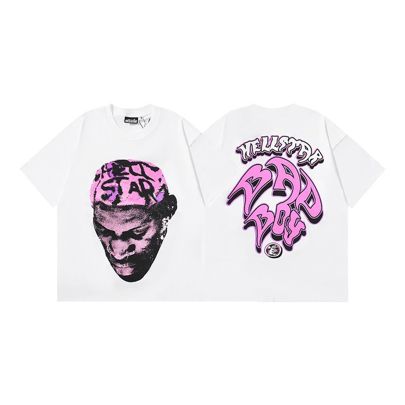 Hellstar Bad Boy T Shirt – 250GSM Cotton, White Hellstar Shirt with Pink Graffiti Graphic