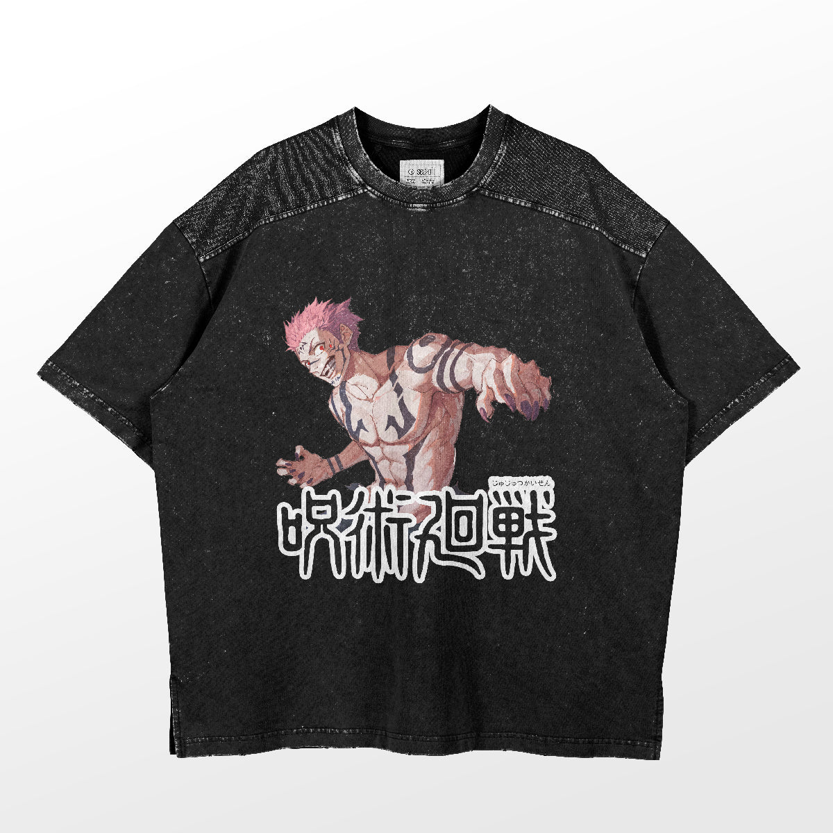 The Jujutsu Kaisen Sukuna Powerful Stance T-Shirt by Jujutsu Kaisen showcases an illustrated character with pink hair and tattoos in an anime style. Japanese text accents the design, while the fabric has a textured, worn look.