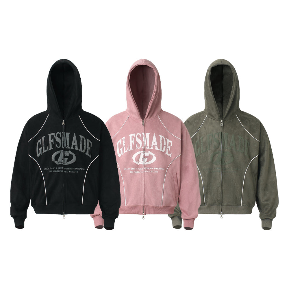 GLFSMADE black suede graphic zip-up hoodie with contrast curved seam piping and distressed varsity logo print