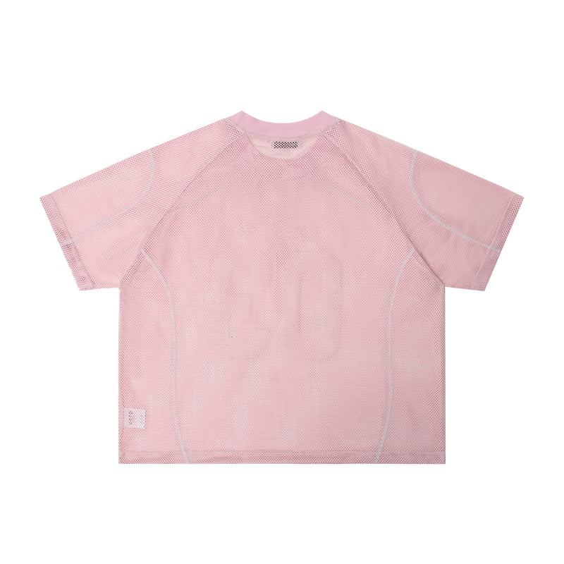 Light pink mesh jersey tee with short raglan sleeves, crew neck, and athletic streetwear fit on white background
