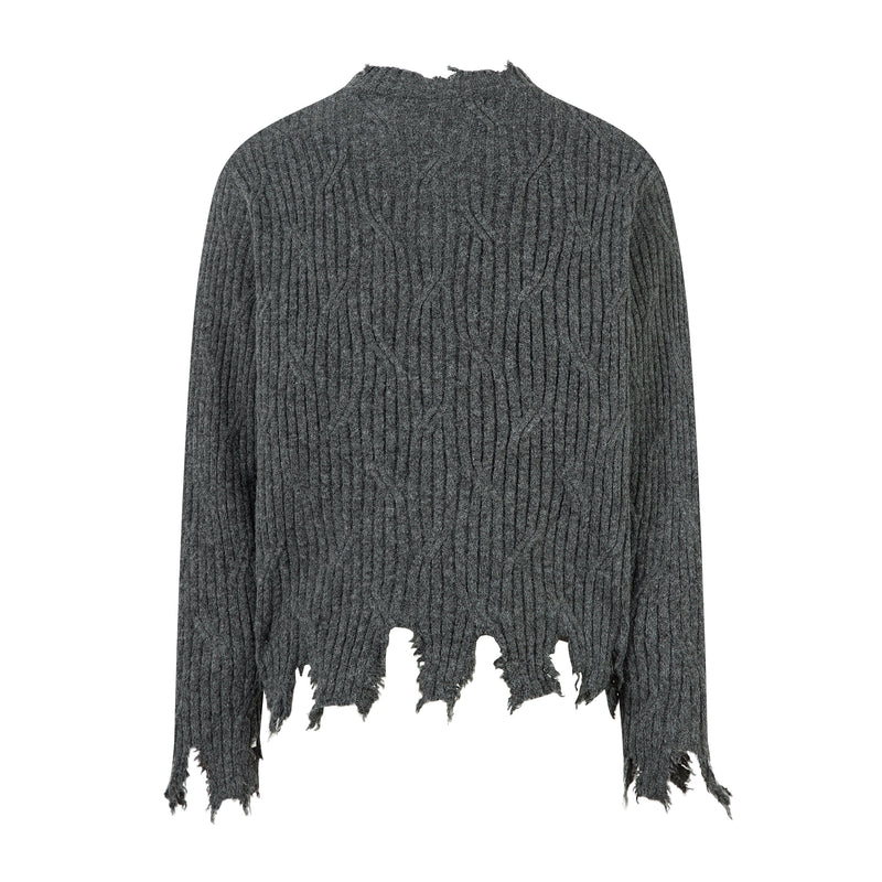 Charcoal gray ribbed henley sweater with distressed hem, back view