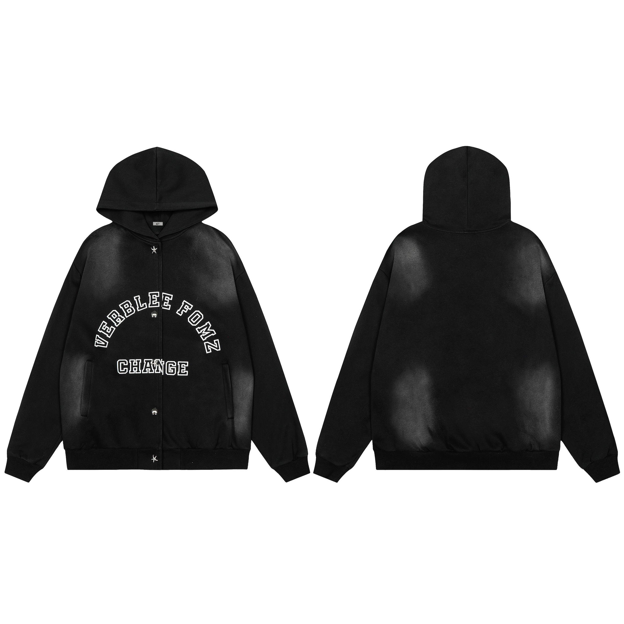 Front and back view of black oversized spray-fade snap button hoodie jacket with Verblee Fomz Change varsity graphic