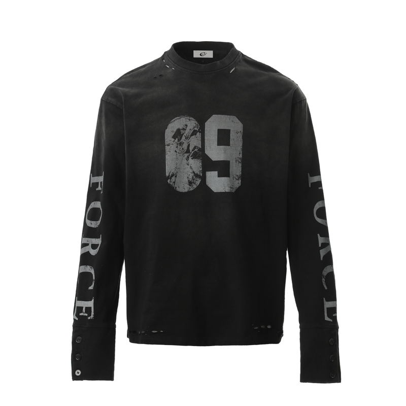 Black long-sleeve tee with distressed 69 graphic and sleeve lettering, front view