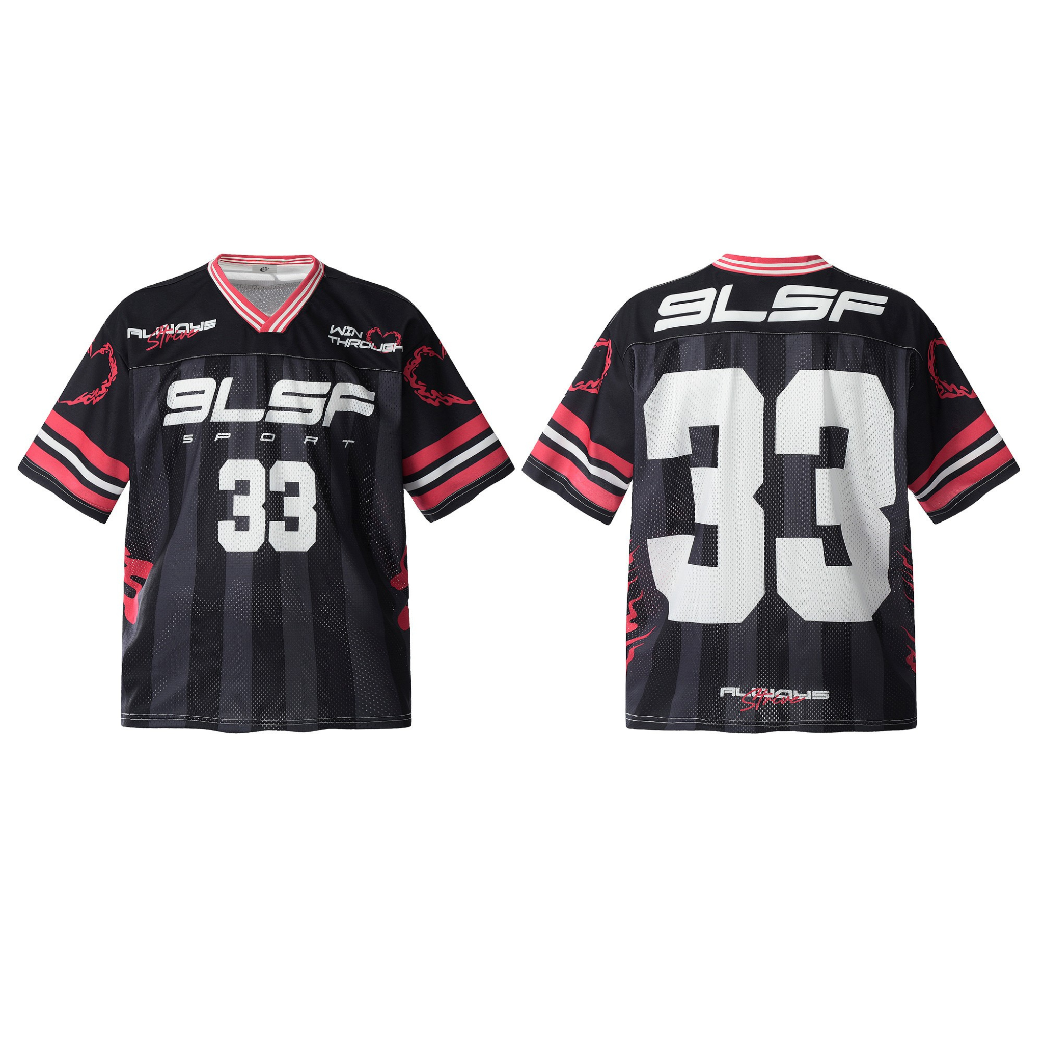 Front and back view of black 9LSF Sport mesh football jersey with red chain graphics and number 33