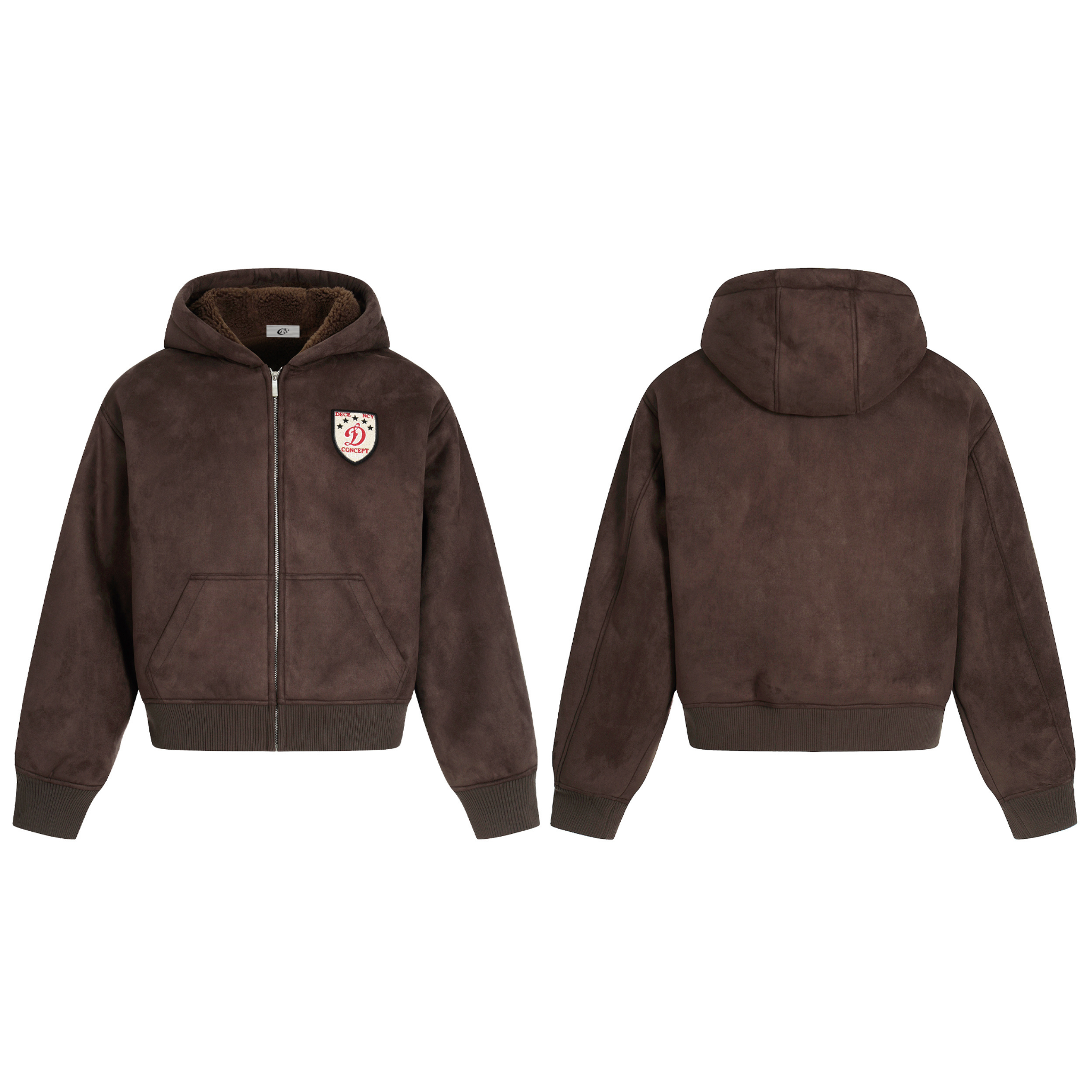 Front and back view of a dark brown suede-texture fleece-lined zip-up hooded jacket with embroidered crest patch