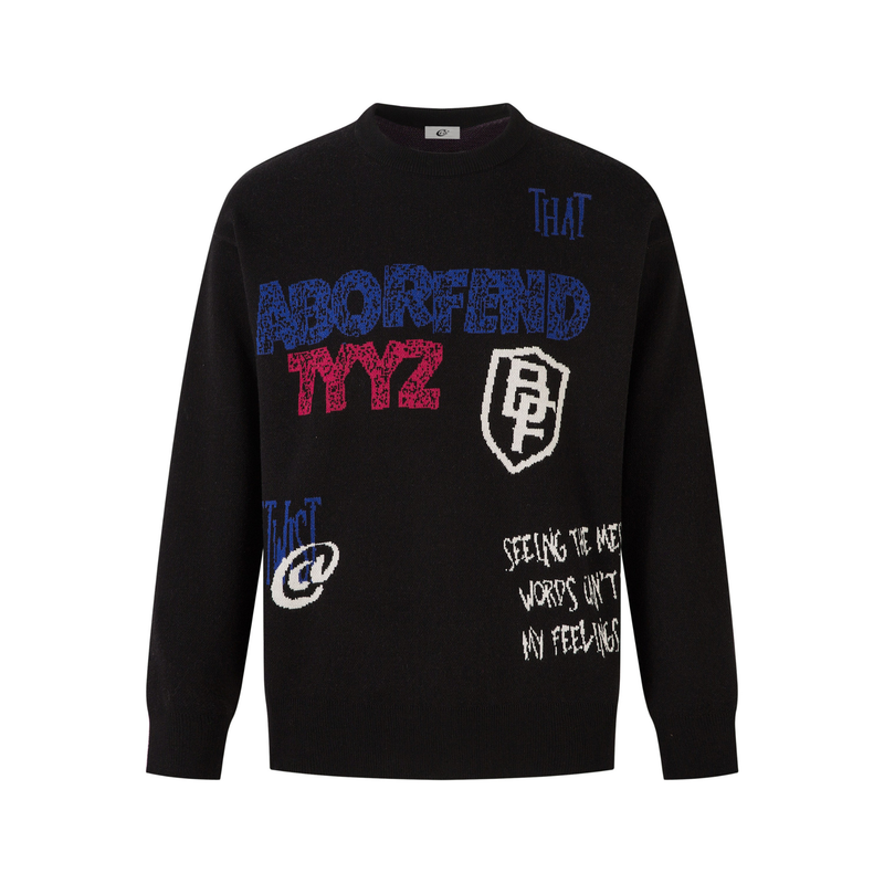 Black knit sweater front with blue, pink, and white graffiti-style embroidered text and crest graphic