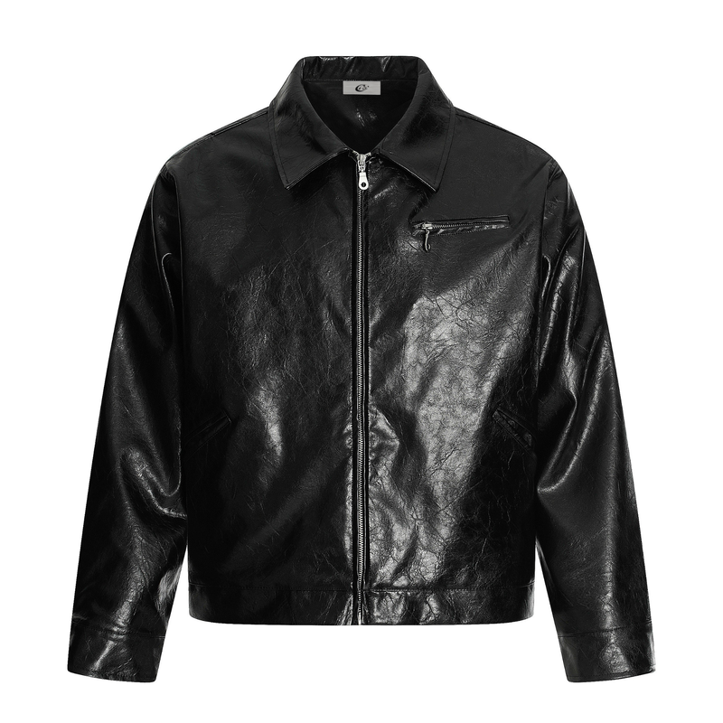 Omirad PU Leather Graphic Jacket | Black Crinkle Streetwear