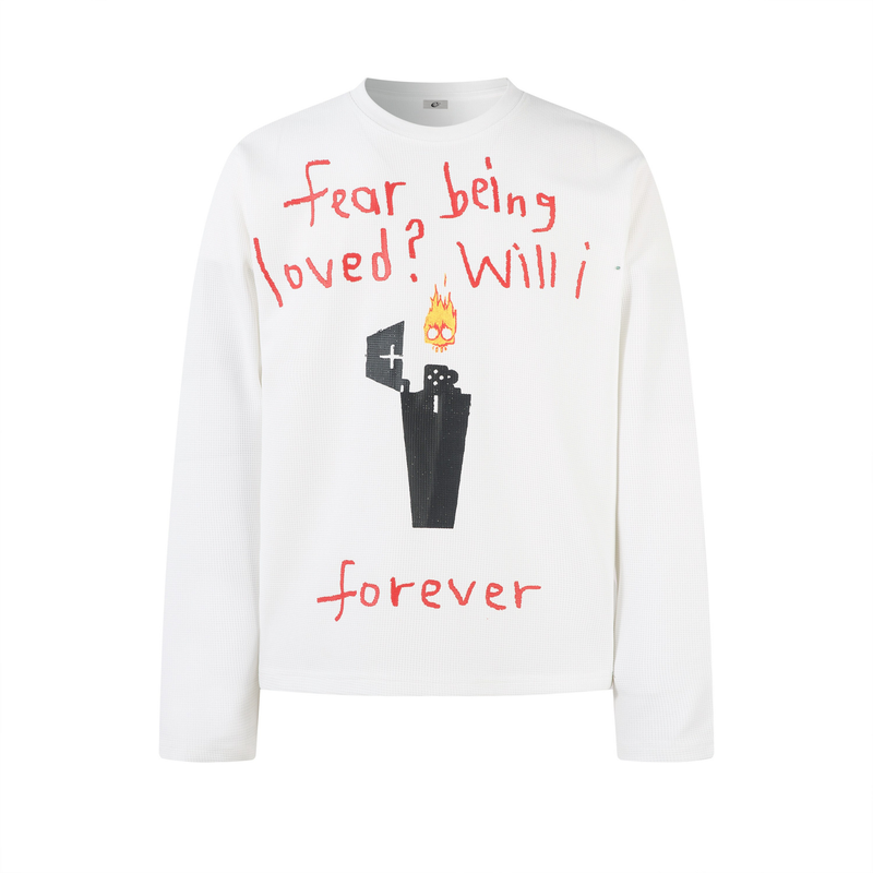 White long sleeve tee with red handwritten front graphic and black flame doodle