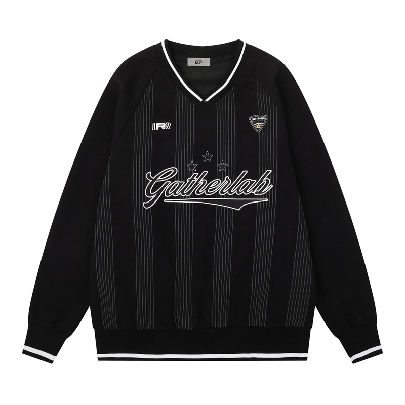 Black varsity sweatshirt with white pinstripes and Gatherlab graphic on front