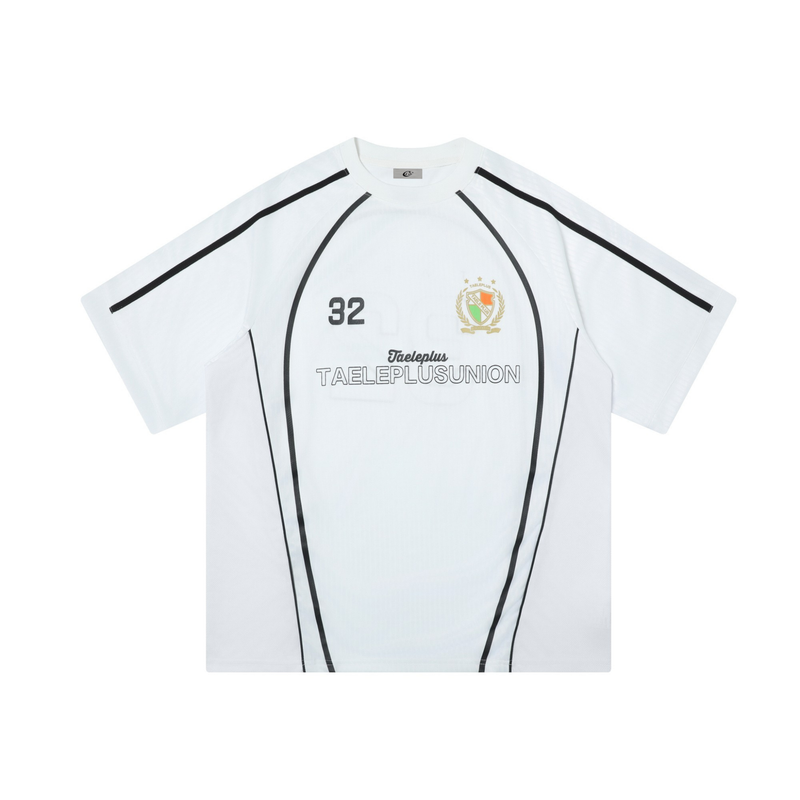White Taeleplus Union 32 soccer jersey tee with black piping, crest logo, and number 32 on the chest