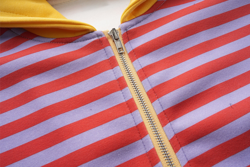 Close-up of striped fabric and center front zipper on hoodie